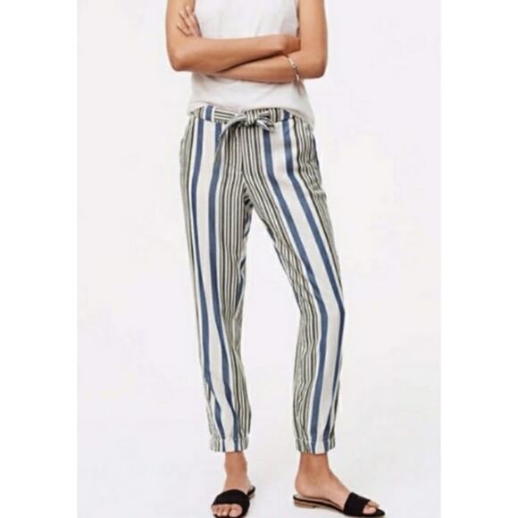 Ann Taylor LOFT Olive Green Blue Cream Casual Striped Jogger Pants Size 4 - Picture 2 of 11